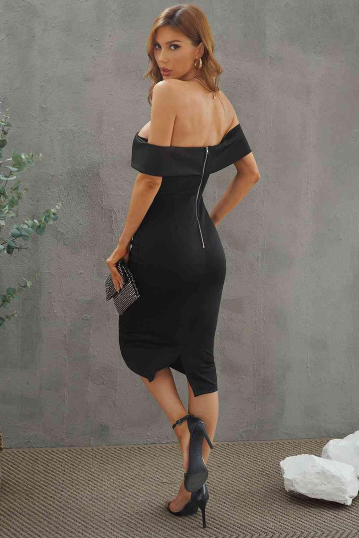 Off-Shoulder Zip-Back Slit Dress - Lucianne Boutique