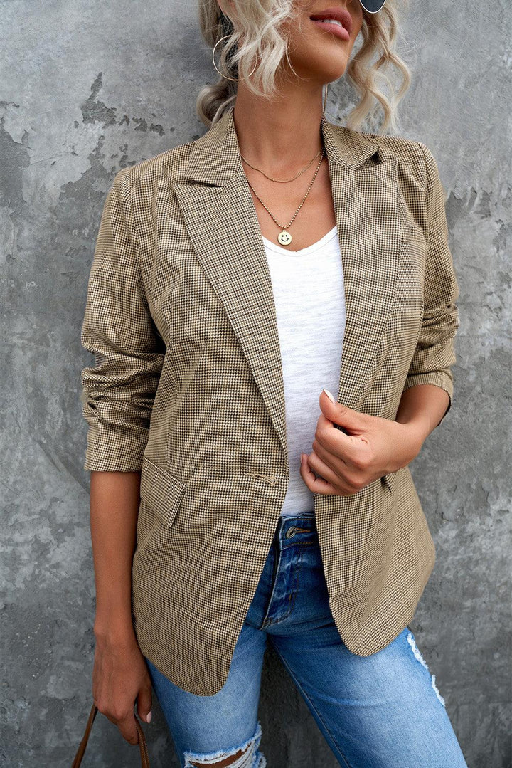 Plaid Lapel Collar Button Cuff Blazer - Lucianne Boutique
