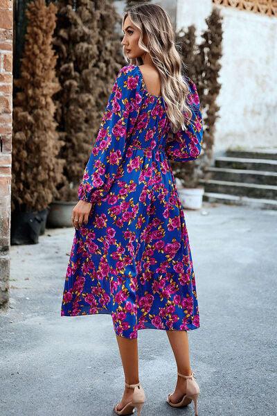 Printed Balloon Sleeve Midi Dress - Lucianne Boutique