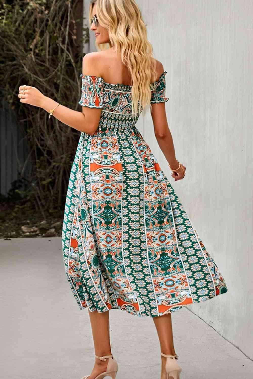 Bohemian Off-Shoulder Frill Trim Split Dress - Lucianne Boutique