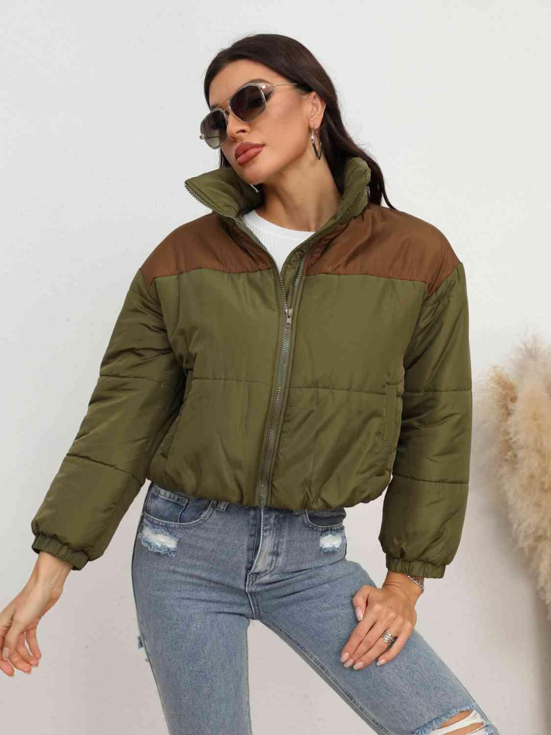 Two-Tone Zip-Up Puffer Jacket - Lucianne Boutique