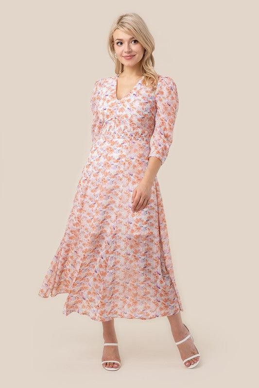 women pink floral V neck dress - Lucianne Boutique
