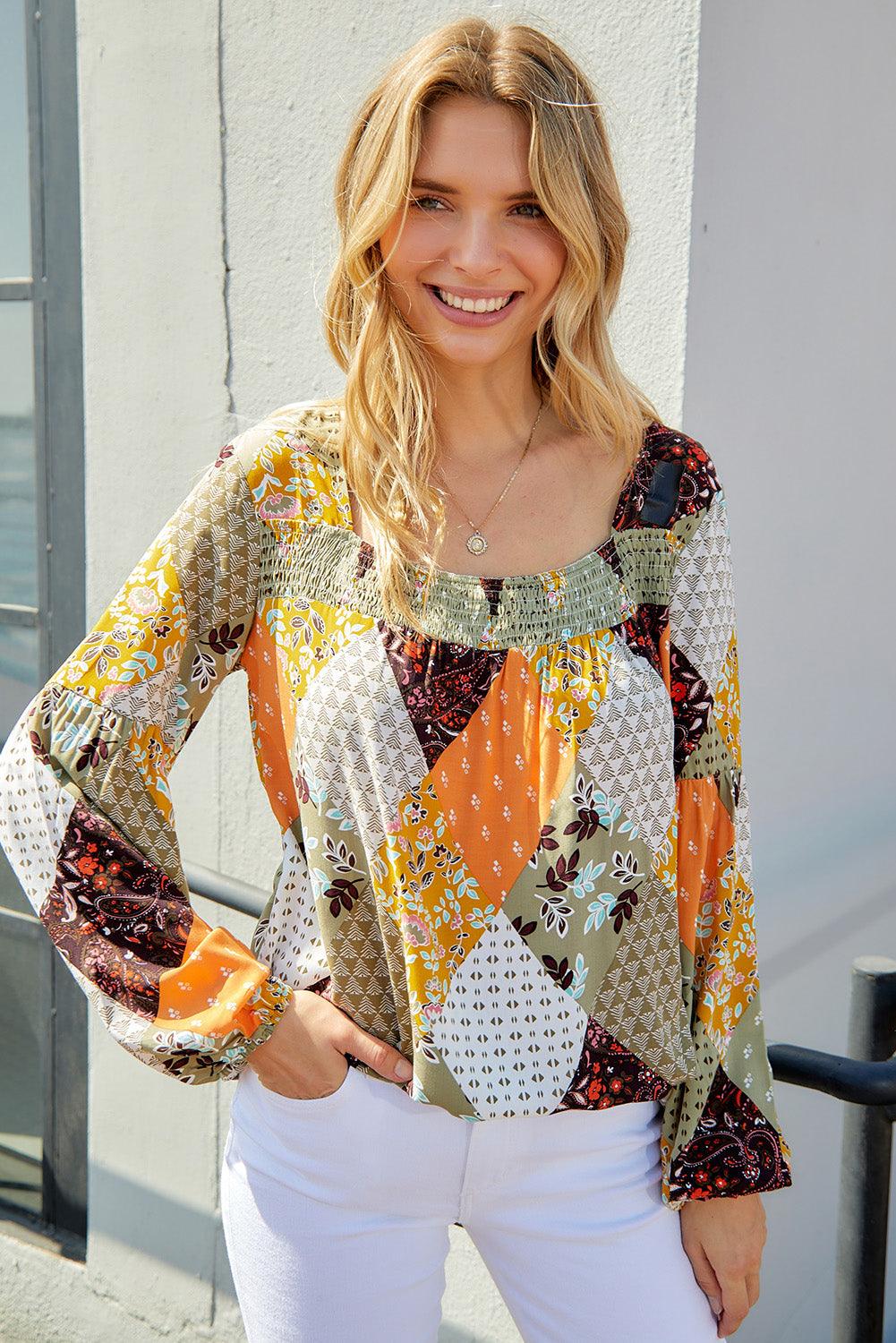 Patchwork Balloon Sleeve Blouse - Lucianne Boutique