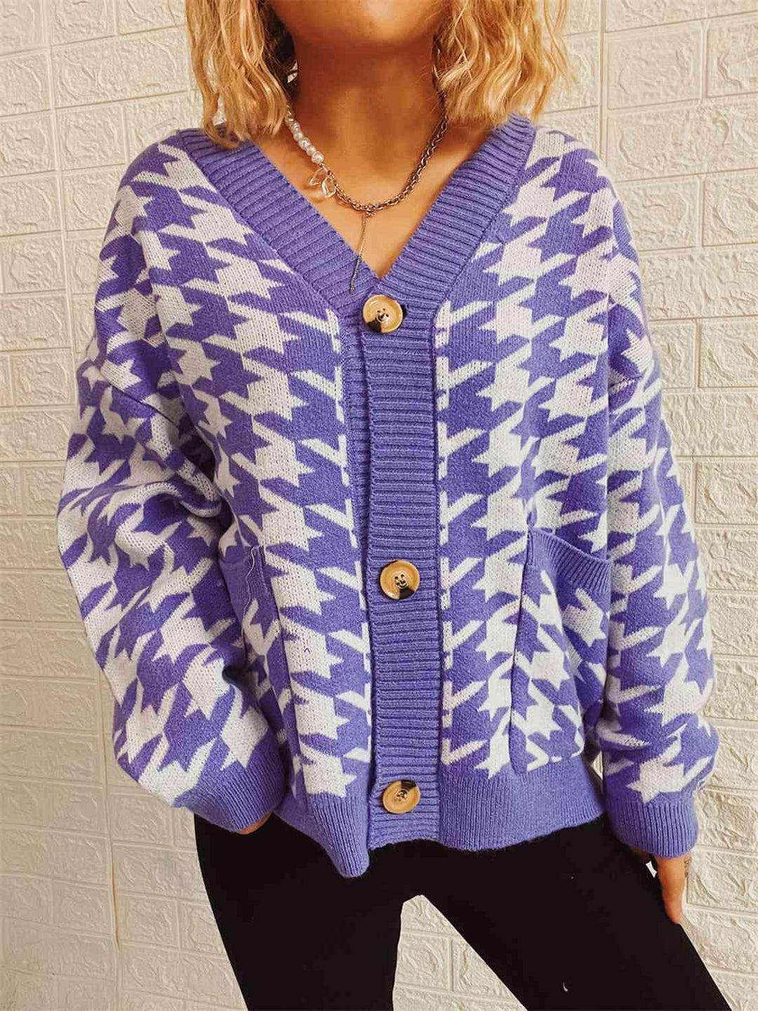 Houndstooth Botton Front Cardigan with Pockets - Lucianne Boutique