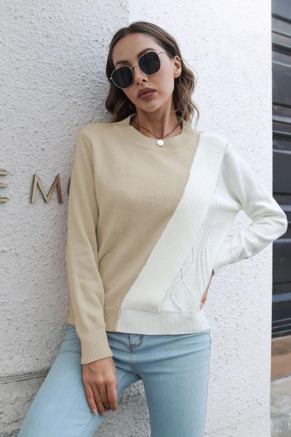 Contrast Color Round Neck Long Sleeve Sweater - Lucianne Boutique
