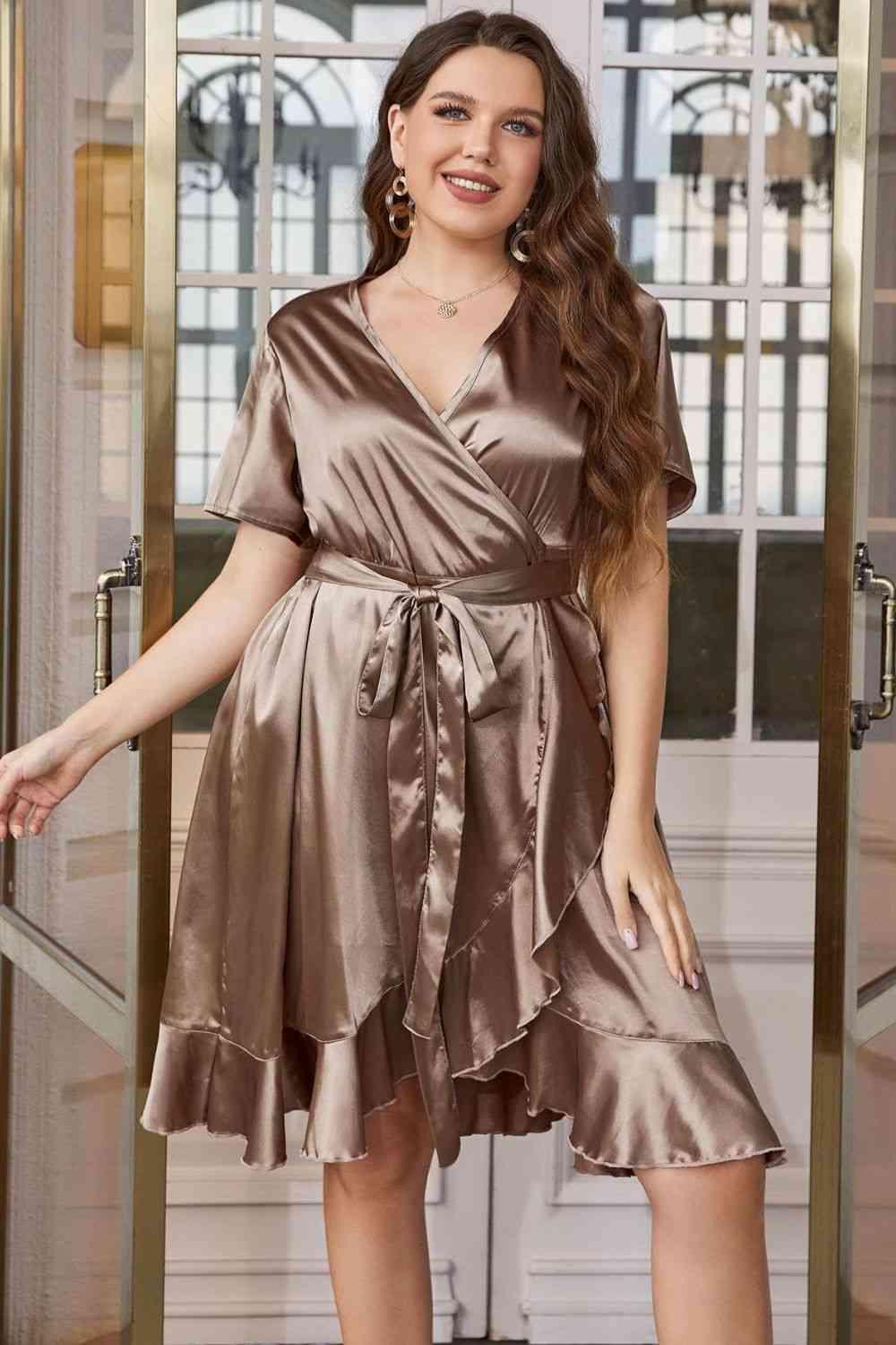 Plus Size Belted Ruffled Surplice Dress - Lucianne Boutique
