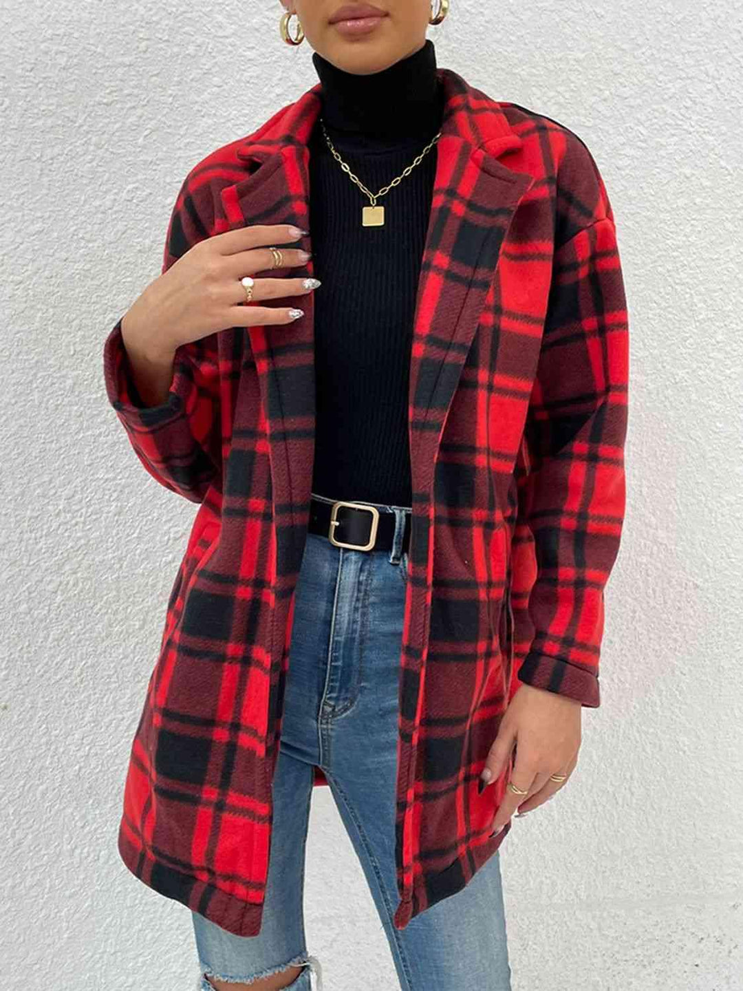 Plaid Lapel Collar Coat with Pockets - Lucianne Boutique