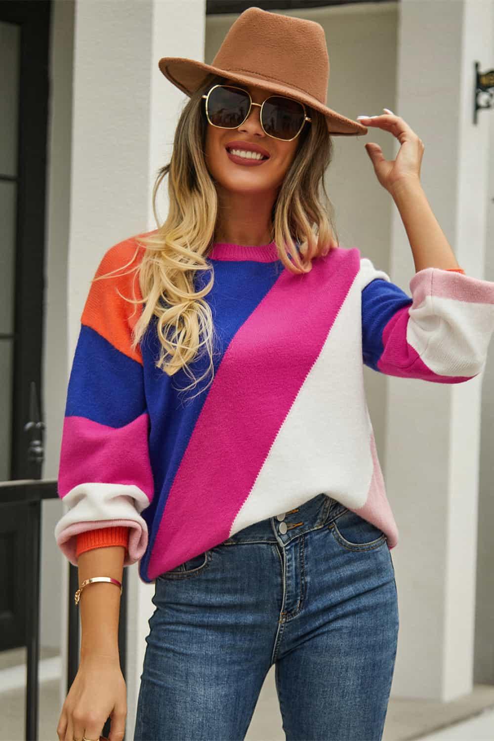Color Block Round Neck Long Sleeve Sweater - Lucianne Boutique