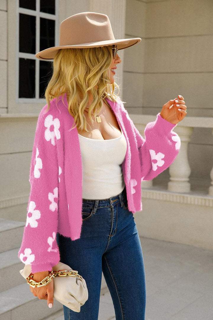 Floral Open Front Fuzzy Cardigan - Lucianne Boutique