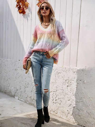 Tie-Dye V-Neck Drop Shoulder Pullover Sweater - Lucianne Boutique