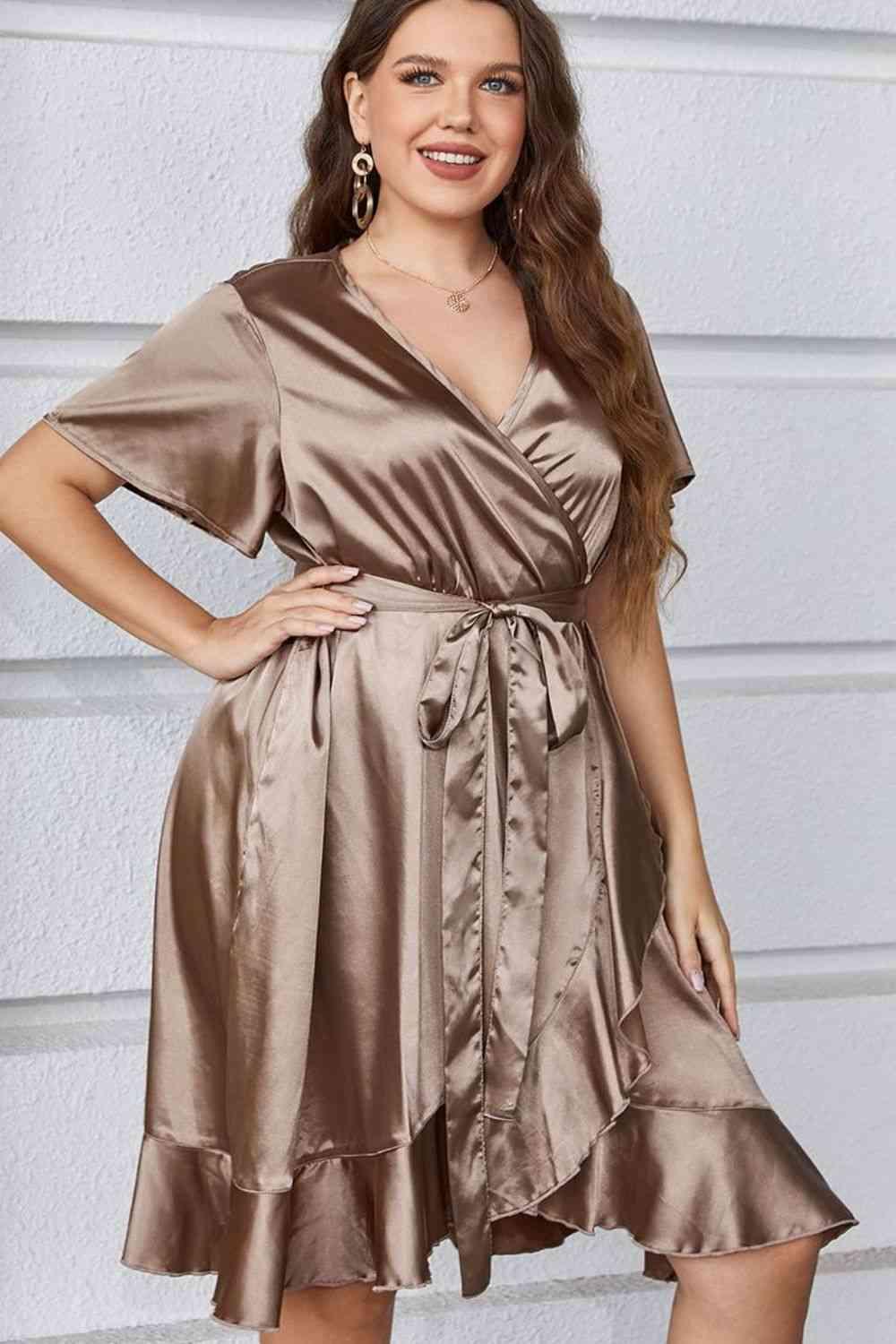 Plus Size Belted Ruffled Surplice Dress - Lucianne Boutique