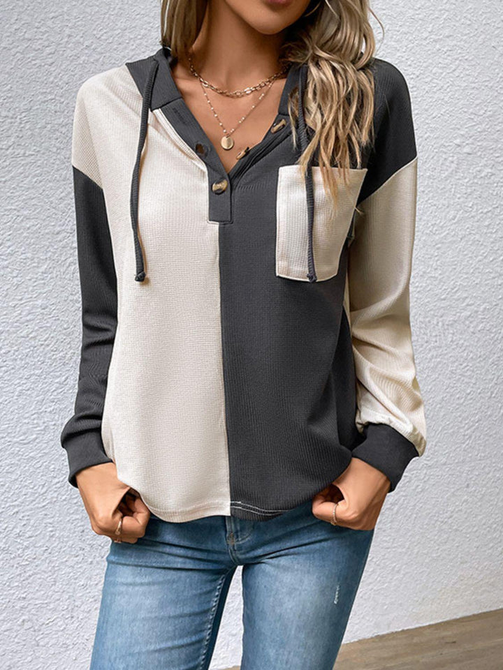 Contrast Color Button-Up Raglan Sleeve Hoodie - Lucianne Boutique