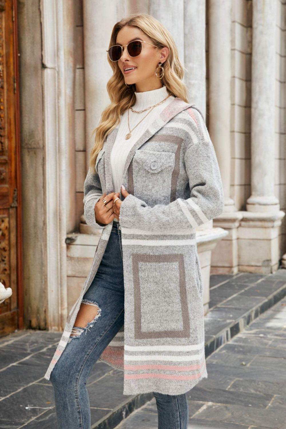 Printed Open Front Hooded Longline Cardigan - Lucianne Boutique