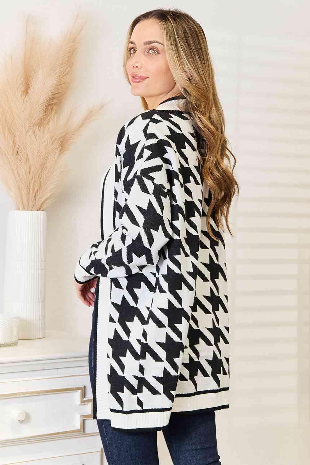 Woven Right Houndstooth Open Front Longline Cardigan - Lucianne Boutique