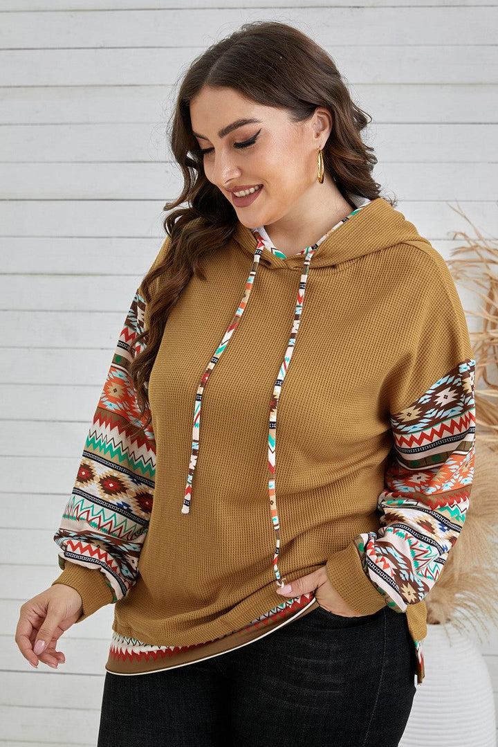 Plus Size Printed Side Slit Waffle-Knit Hoodie - Lucianne Boutique