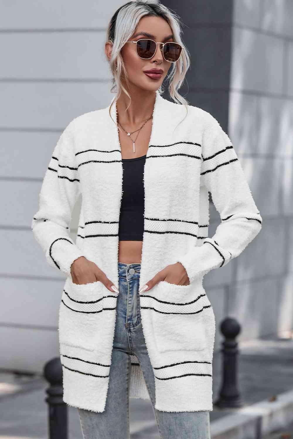 Striped Open Front Cardigan with Pockets - Lucianne Boutique