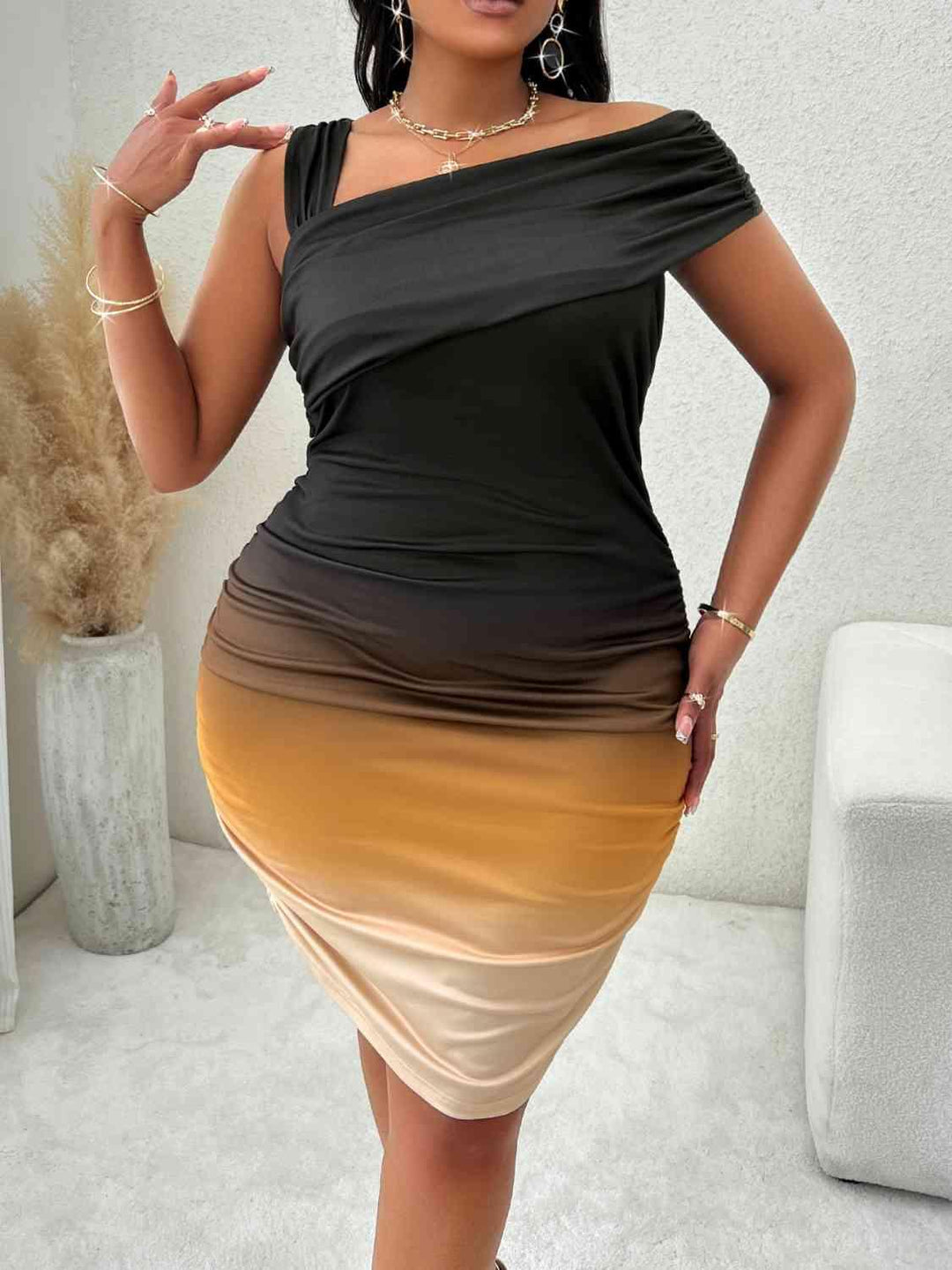 Plus Size Asymmetrical Neck Bodycon Dress - Lucianne Boutique