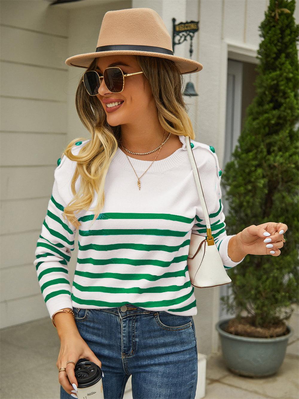 Round Neck Shoulder Button Striped Pullover Sweater - Lucianne Boutique