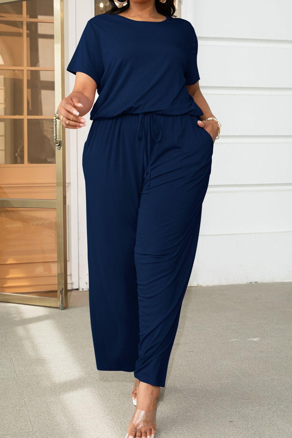 Plus Size Drawstring Waist Short Sleeve Jumpsuit - Lucianne Boutique