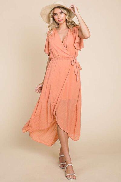 Culture Code Full Size Swiss Dot Tied Slit Short Sleeve Dress - Lucianne Boutique