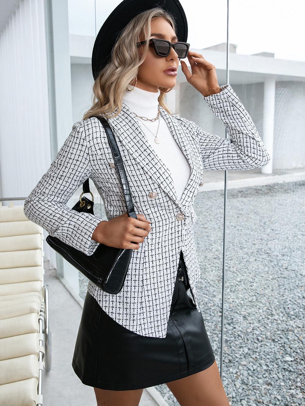 Plaid Double Breasted Long Sleeve Jacket - Lucianne Boutique