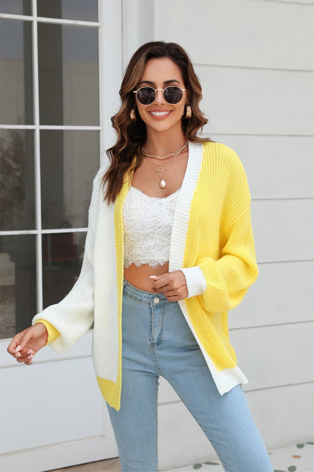 Open Front Contrast Color Balloon Sleeve Cardigan - Lucianne Boutique