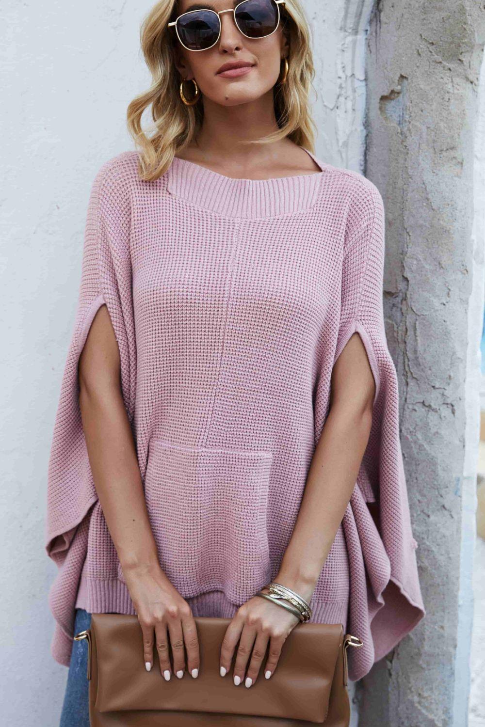Waffle-Knit Cloak Sleeve Pocket Sweater - Lucianne Boutique