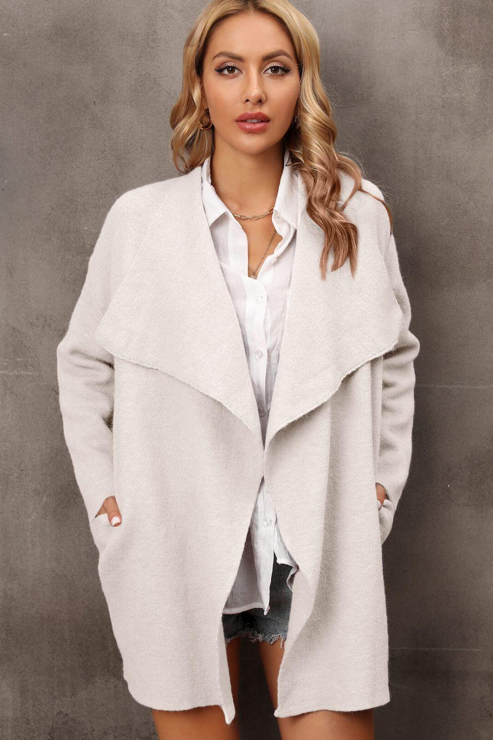 Waterfall Collar Longline Cardigan with Side Pockets - Lucianne Boutique