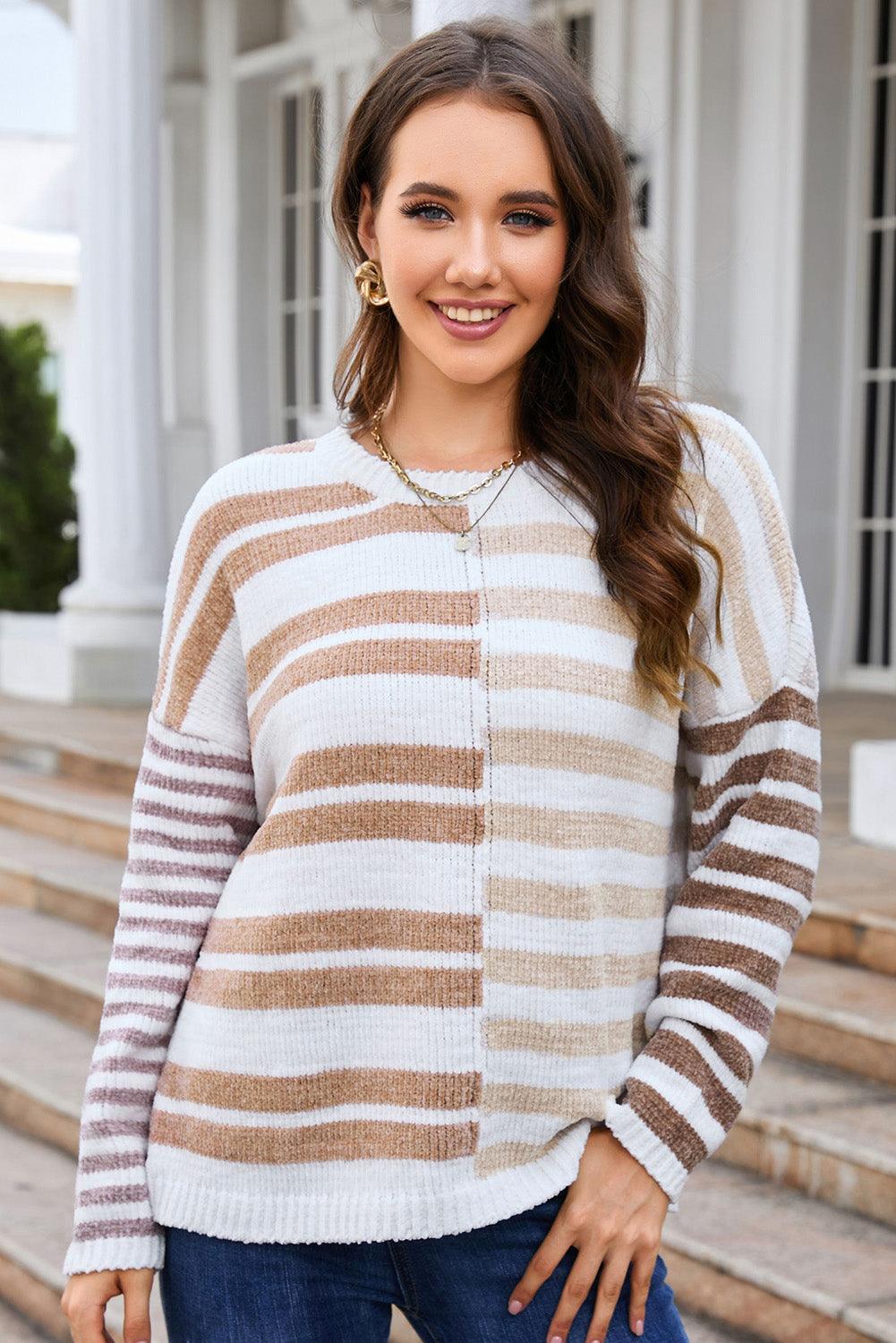 Striped Round Neck Dropped Shoulder Sweater - Lucianne Boutique
