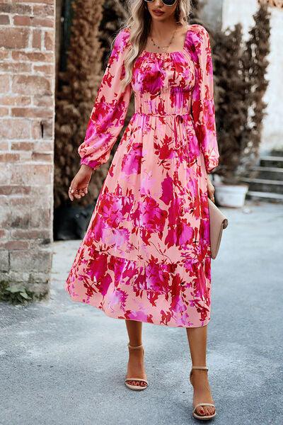 Printed Balloon Sleeve Midi Dress - Lucianne Boutique