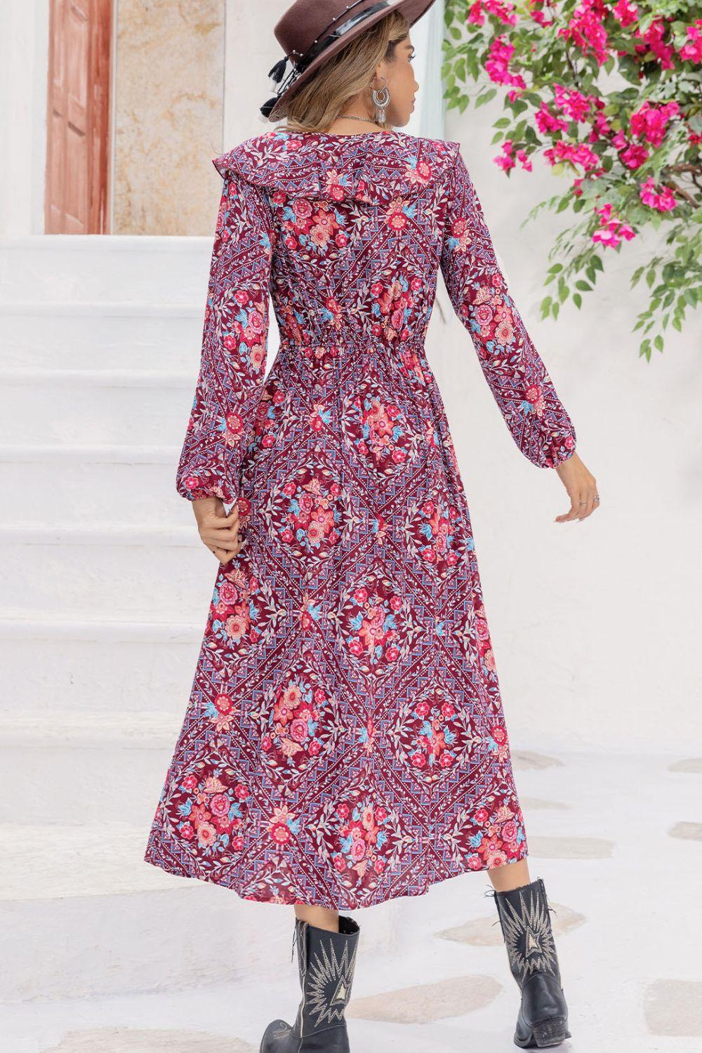 Printed Long Sleeve Slit Midi Dress - Lucianne Boutique