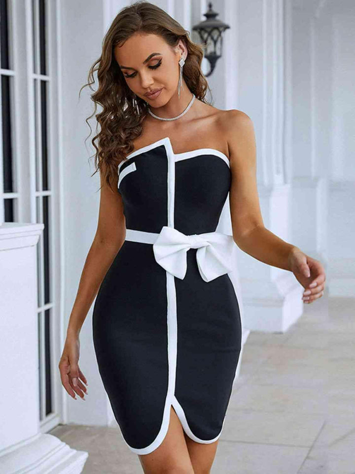 Contrast Strapless Bow Detail Mini Dress - Lucianne Boutique