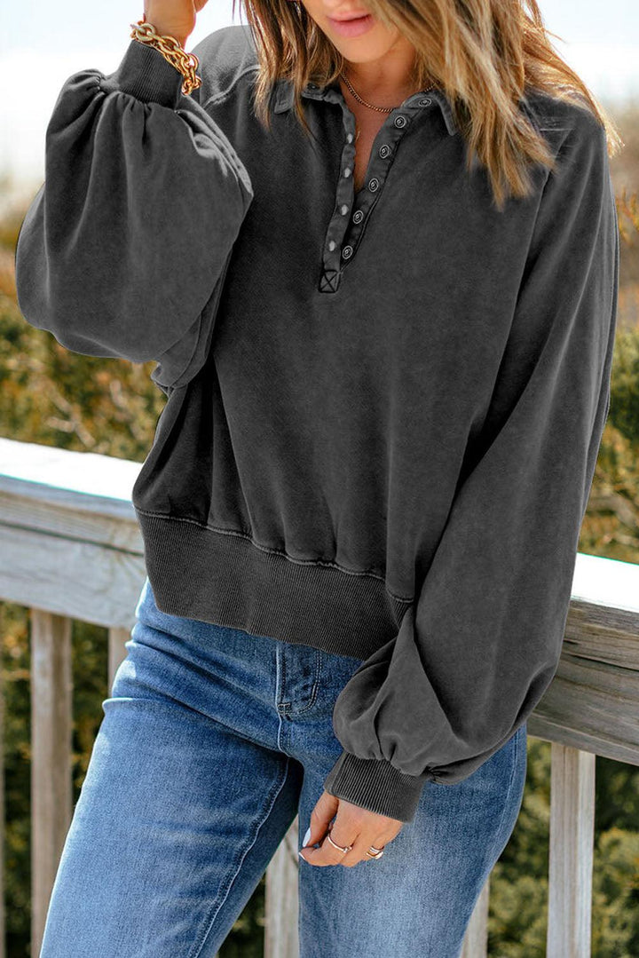 Quarter-Snap Collared Lantern Sleeve Sweatshirt - Lucianne Boutique