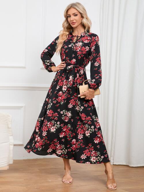 Floral Tie Front Balloon Sleeve Dress - Lucianne Boutique