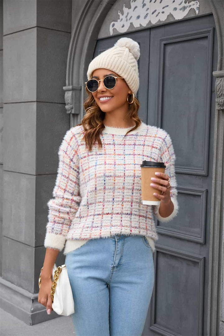 Plaid Round Neck Long Sleeve Pullover Sweater - Lucianne Boutique