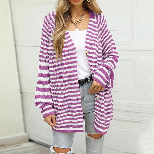 Striped Button Down Long Sleeve Cardigan - Lucianne Boutique
