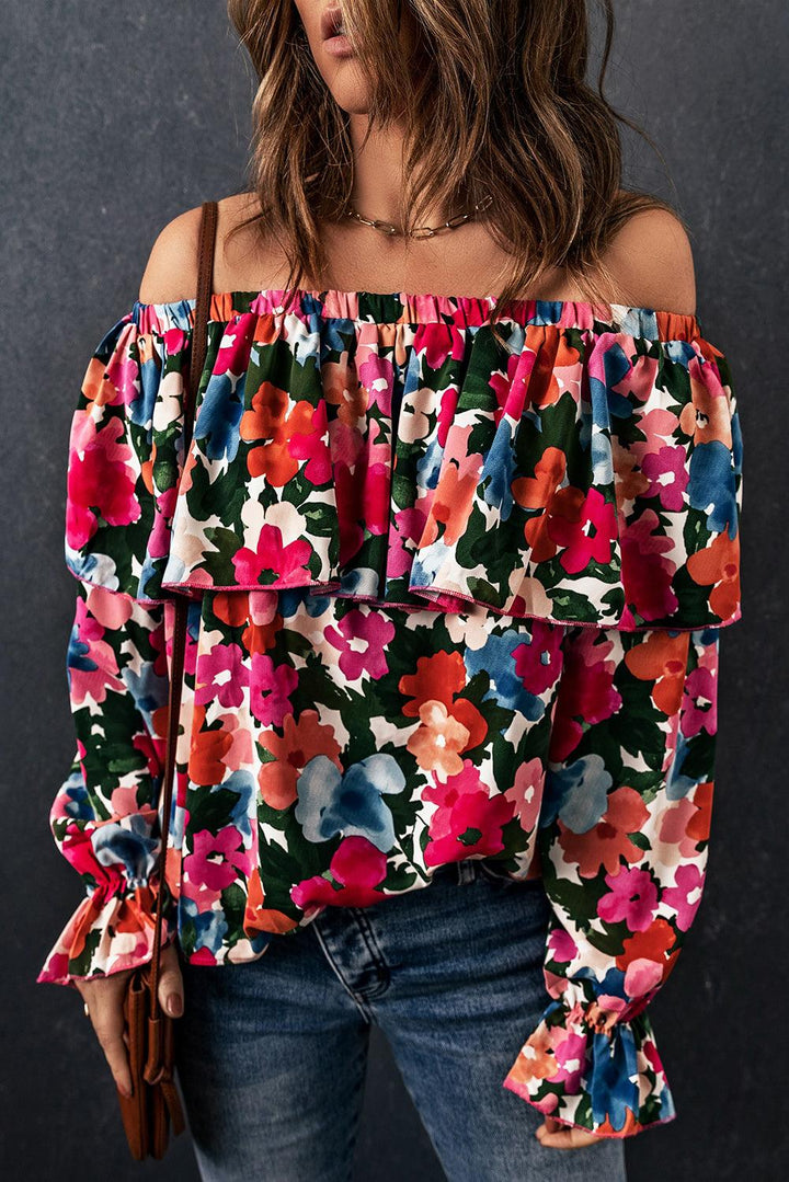 Floral Off-Shoulder Flounce Sleeve Layered Blouse - Lucianne Boutique