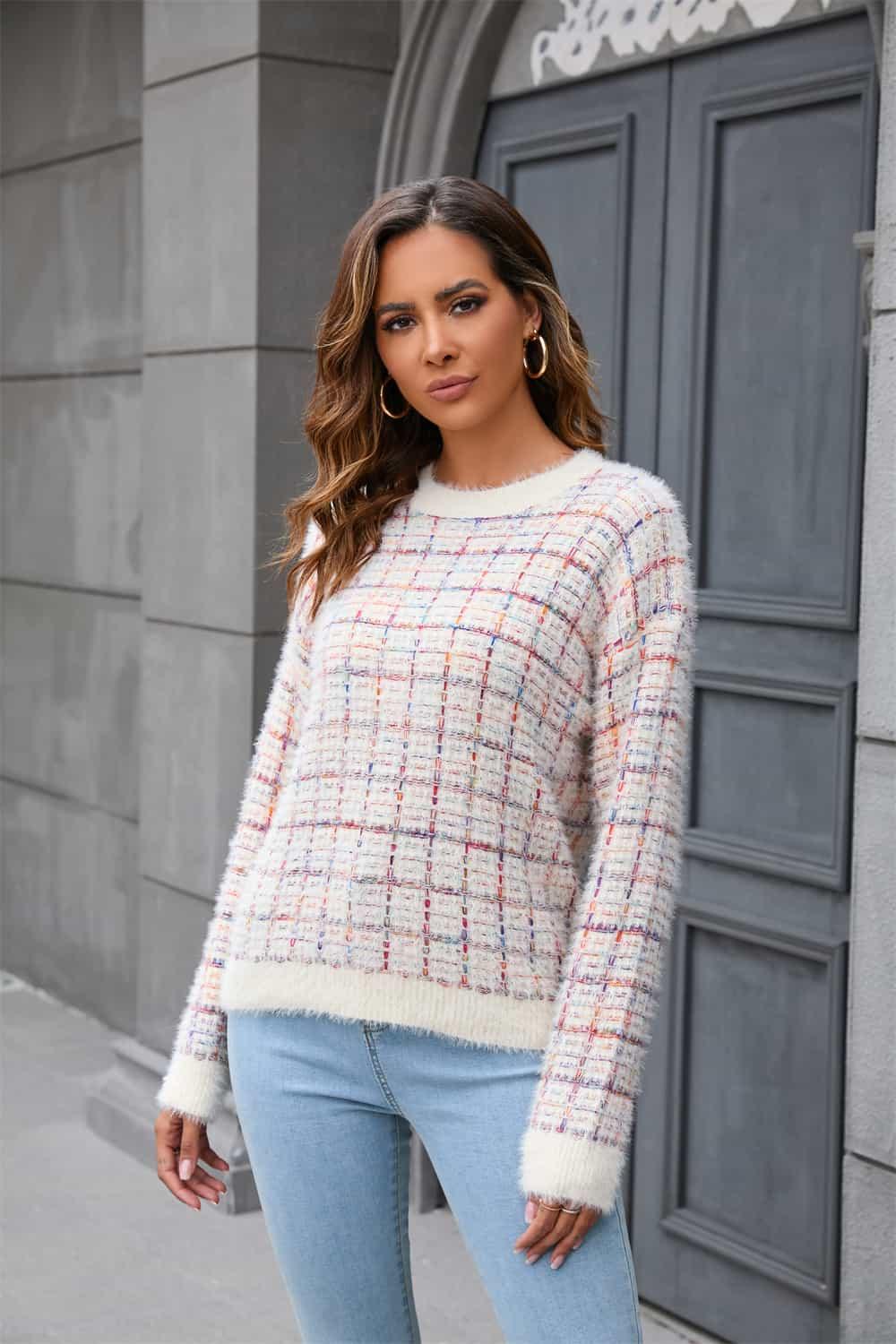 Plaid Round Neck Long Sleeve Pullover Sweater - Lucianne Boutique