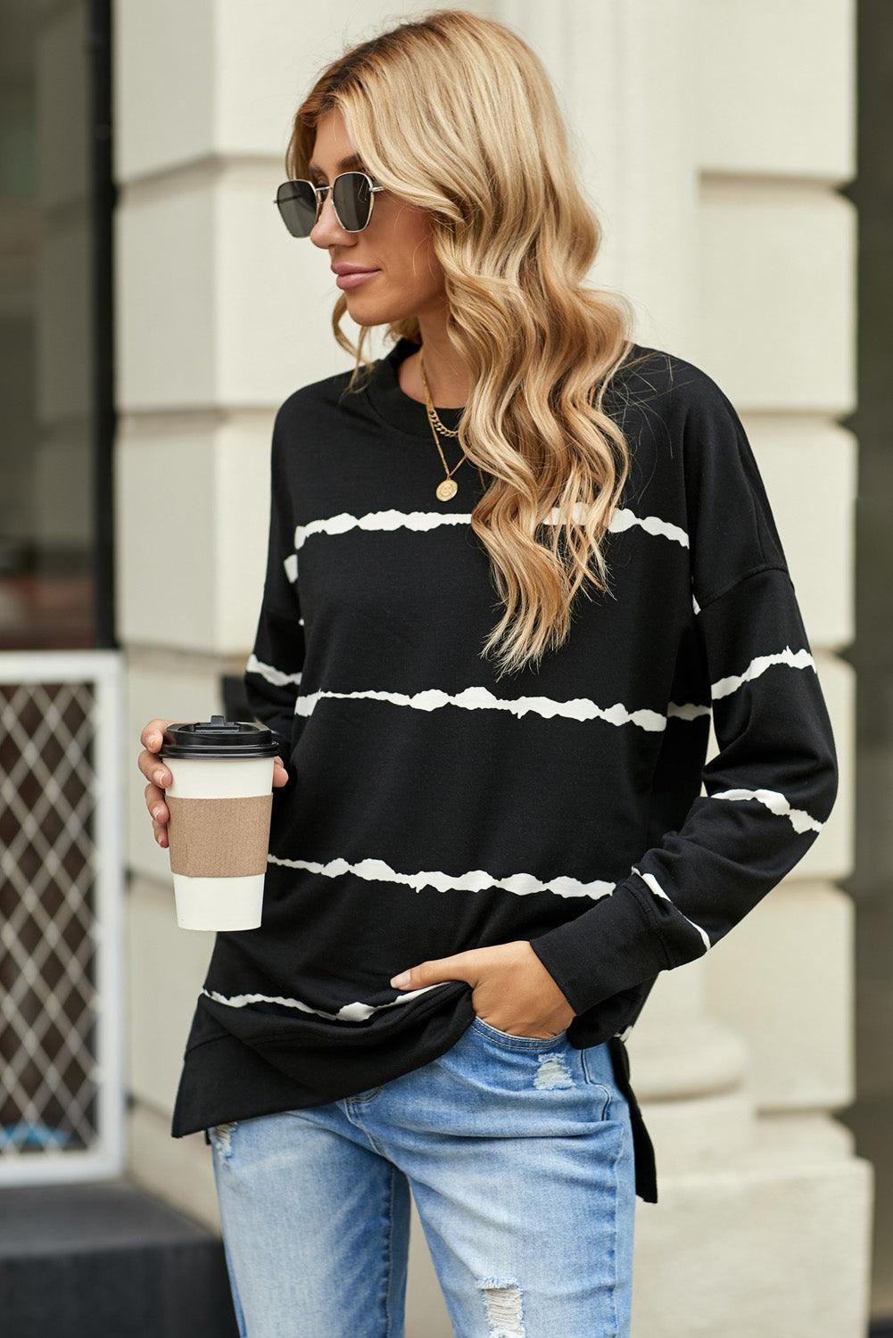 Striped Side Slit Round Neck Sweatshirt - Lucianne Boutique