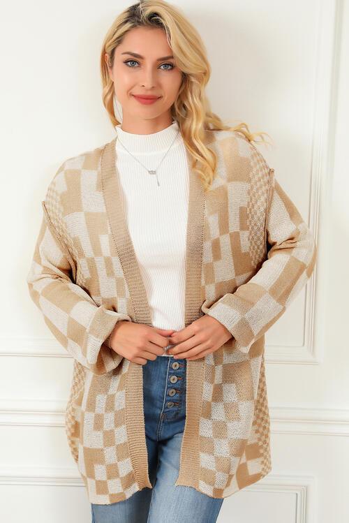 Checkered Open Front Cardigan - Lucianne Boutique