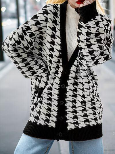 Houndstooth Button Up Long Sleeve Cardigan - Lucianne Boutique