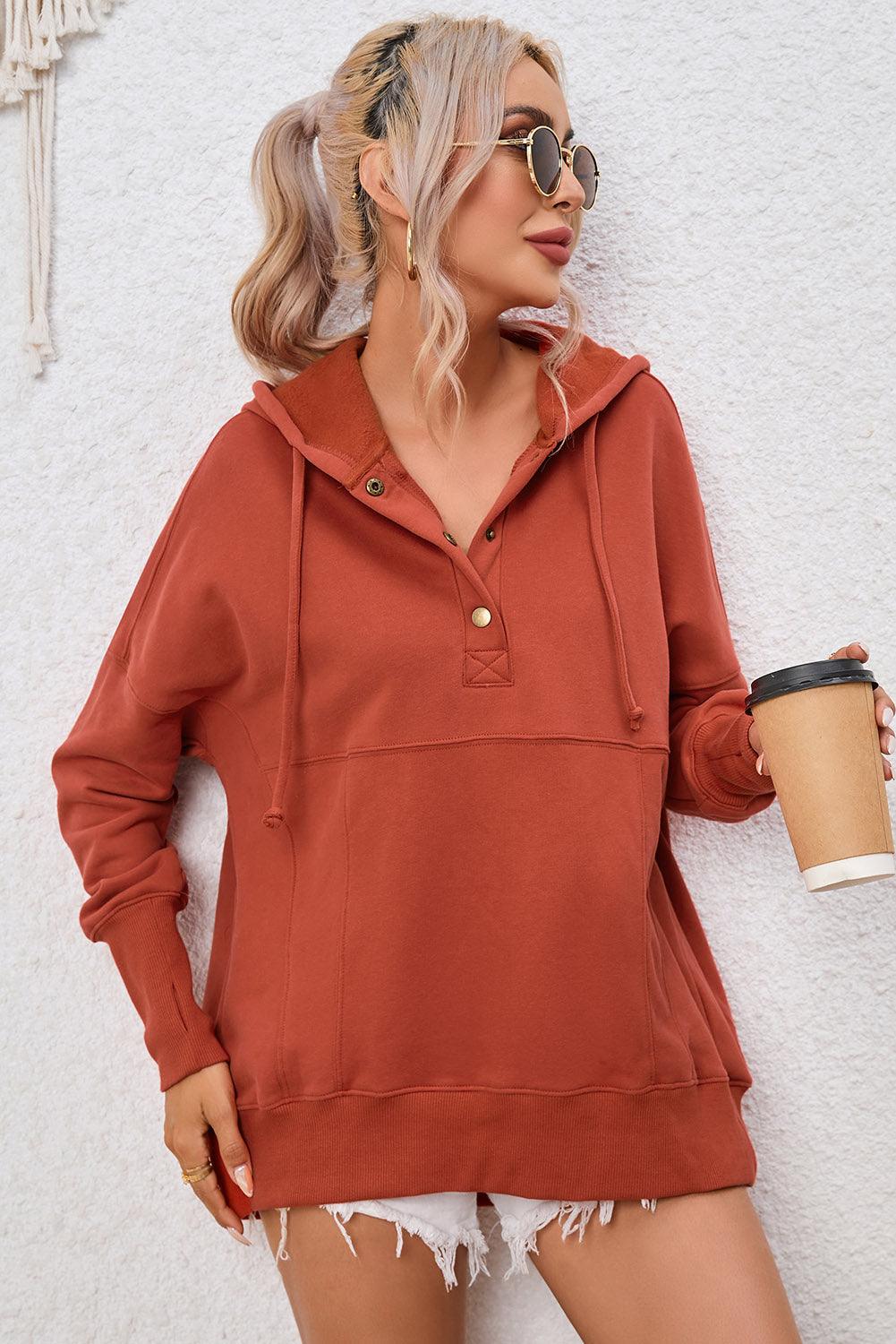 Dropped Shoulder Buttoned Hoodie - Lucianne Boutique