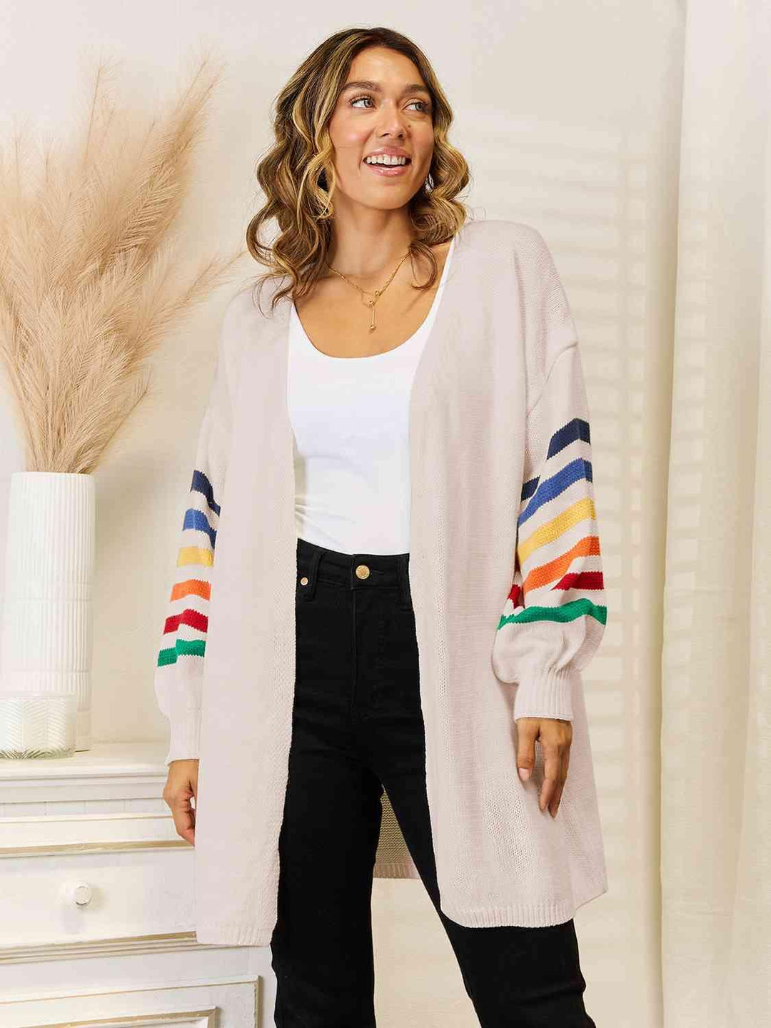 Striped Open Front Dropped Shoulder Cardigan - Lucianne Boutique