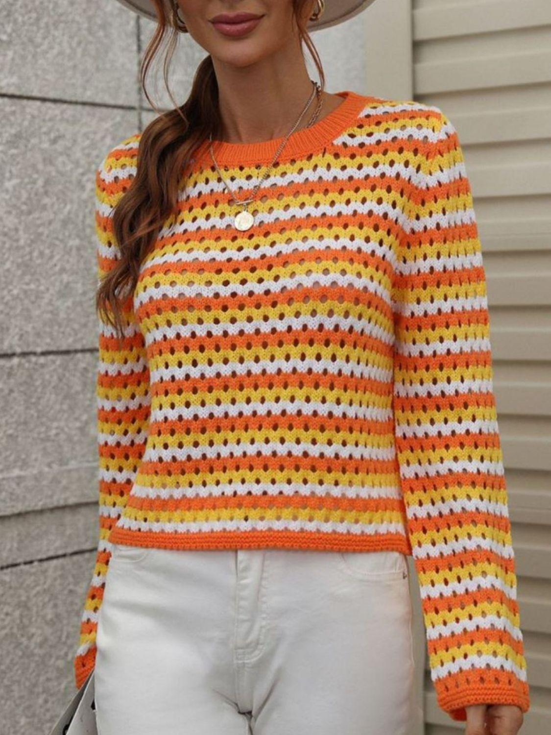 Striped Openwork Long-Sleeve Knit Pullover - Lucianne Boutique