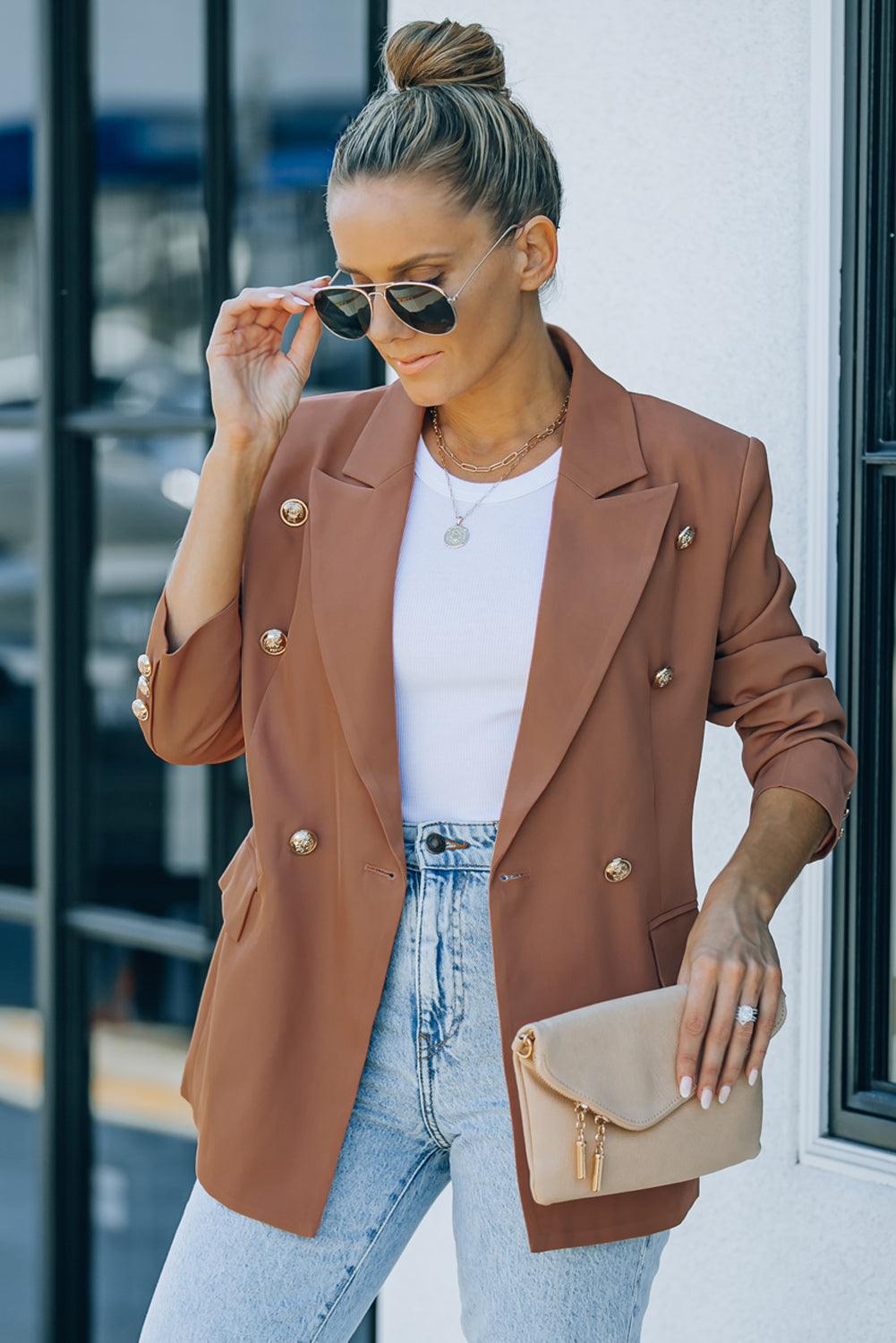 Double-Breasted Lapel Collar Long Sleeve Blazer - Lucianne Boutique