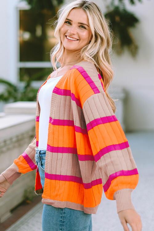 Ribbed Striped Open Front Long Sleeve Cardigan - Lucianne Boutique