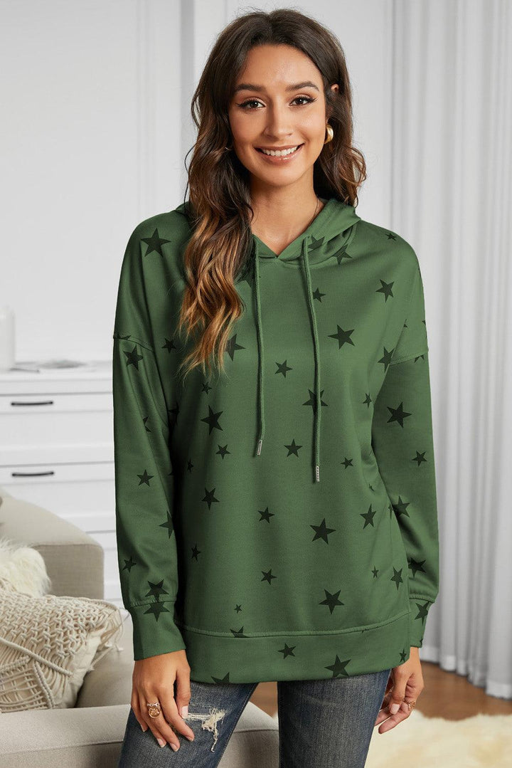 Star Print Drawstring Detail Hoodie - Lucianne Boutique