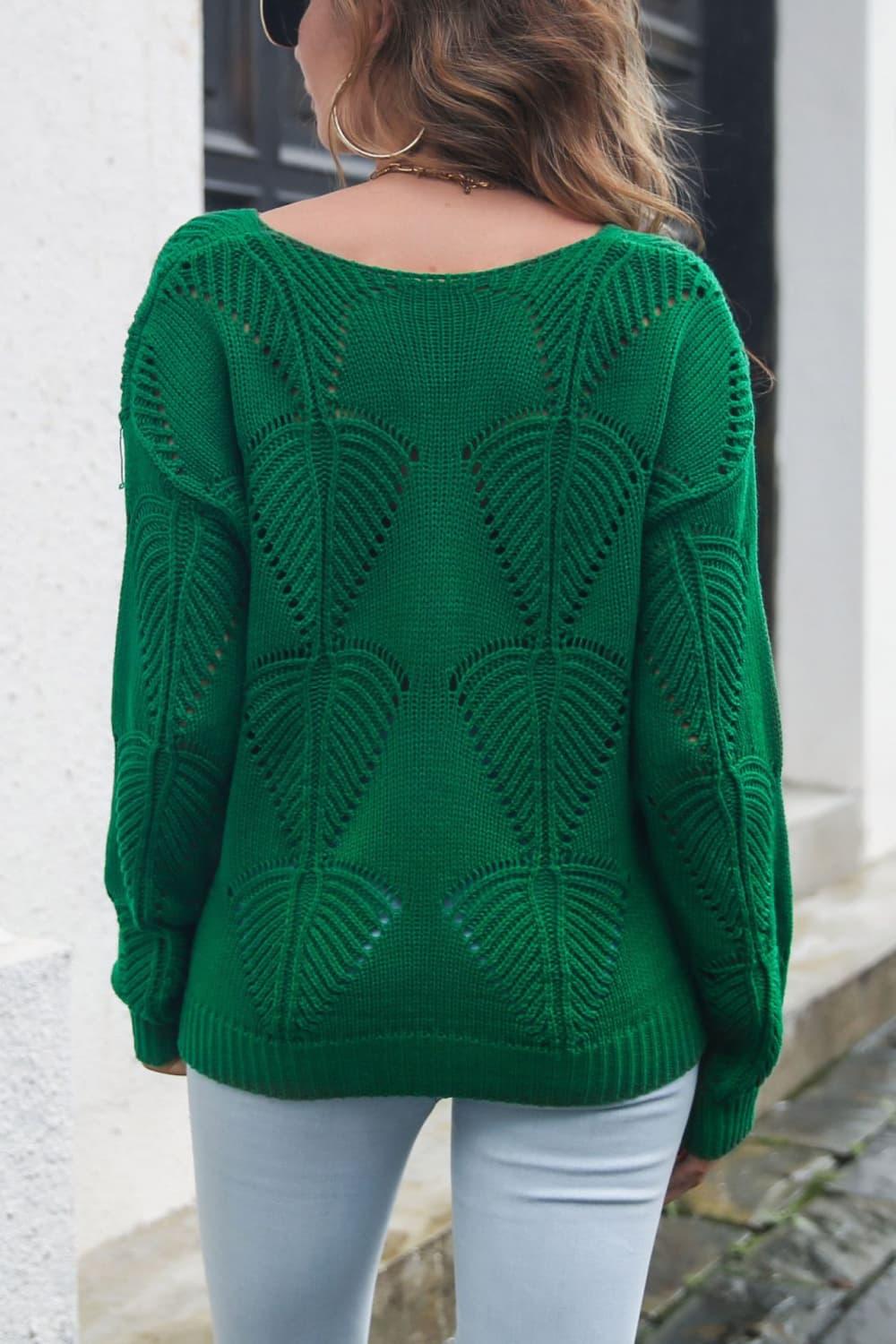 Openwork V-Neck Dropped Shoulder Sweater - Lucianne Boutique