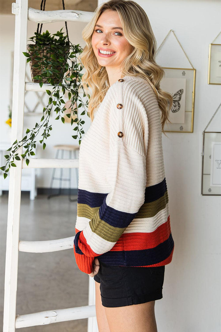 Striped Round Neck Decorative Button Dropped Shoulder Pullover Sweater - Lucianne Boutique