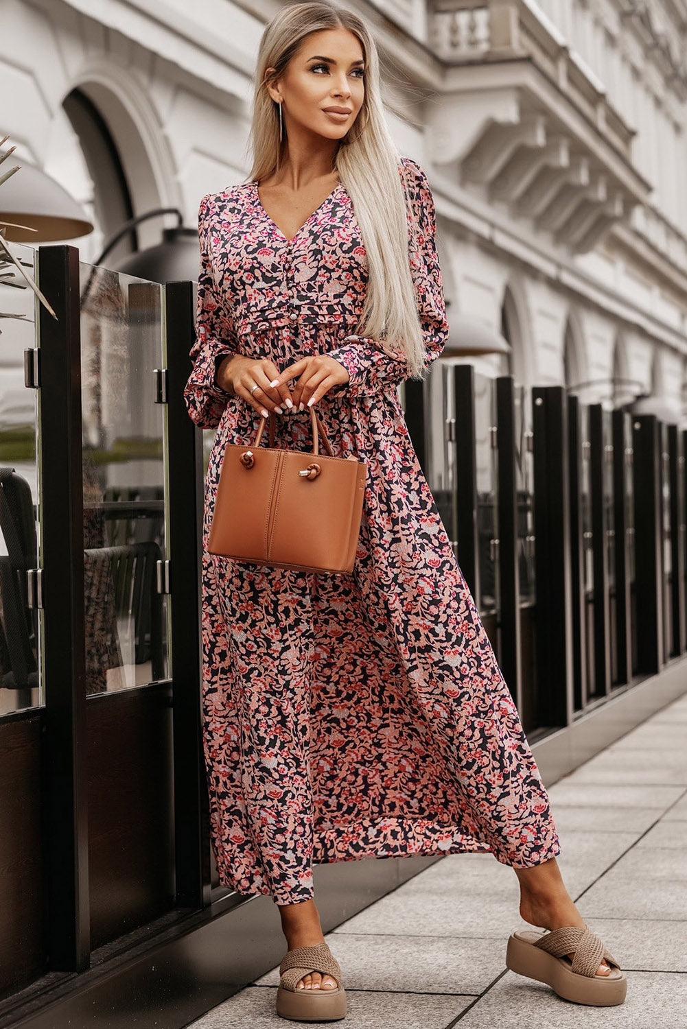 Printed V-Neck Long Sleeve Maxi Dress - Lucianne Boutique